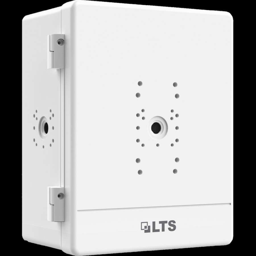 OutdoorBox-03 enclosure, opposite three-quarter view showing the hinge side and side panel mounting pattern